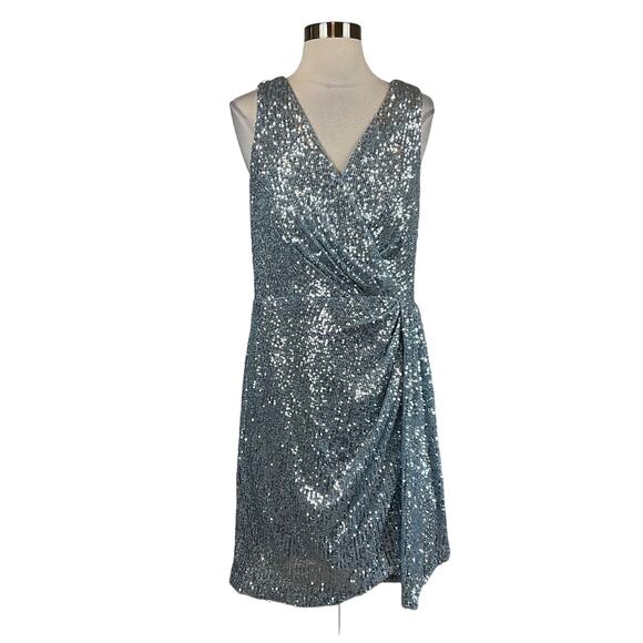 Eliza J Blue Sequined Cocktail Dress Size 16 Sleeveless V-Neck Mini Sheath - Picture 1 of 13